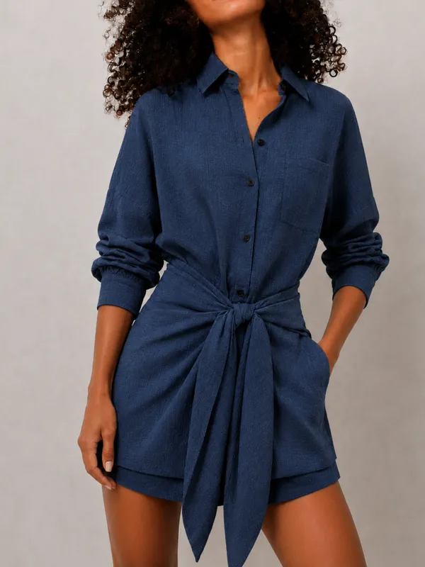 Tie Waist Textured Shirt Mini Dress made by COMMENSE