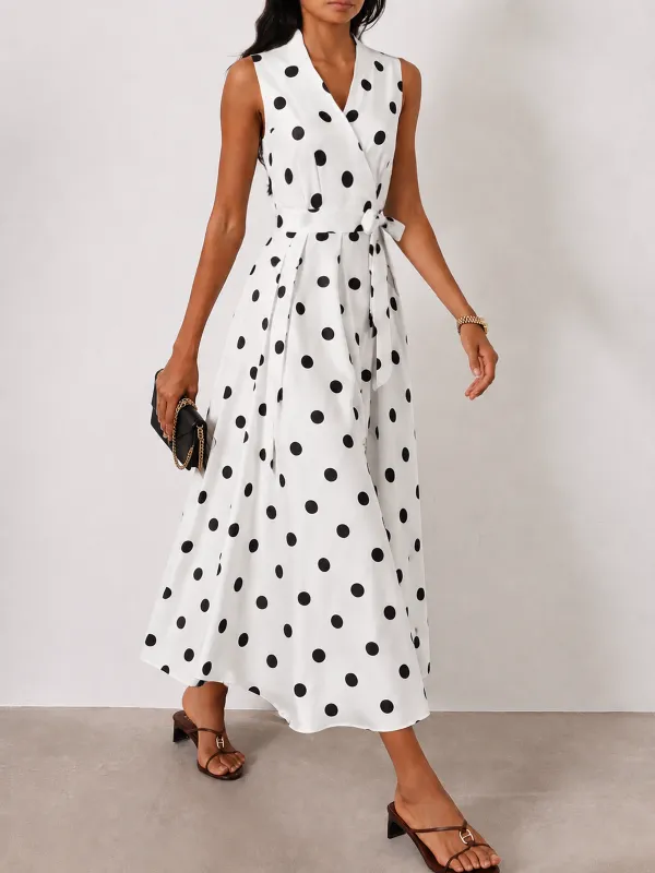 Sleeveless Polka Dot Belted Midi Dress made by COMMENSE