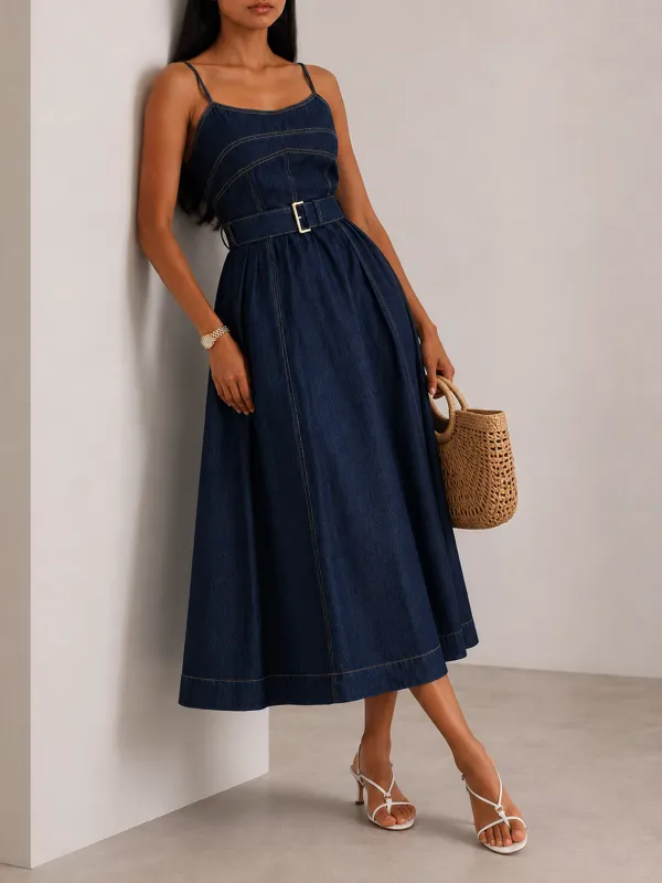 Belted A-Line Denim Cami Midi Dress made by COMMENSE