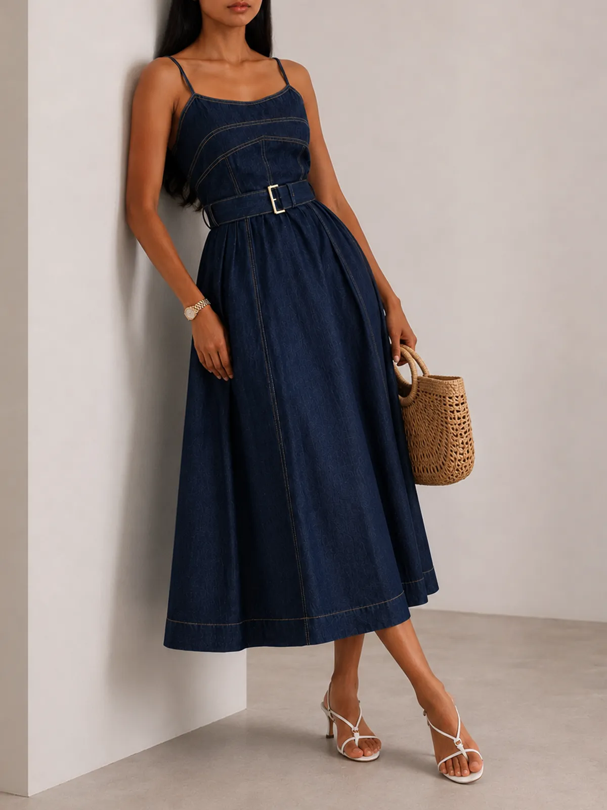 Belted A-Line Denim Cami Midi Dress sold by COMMENSE