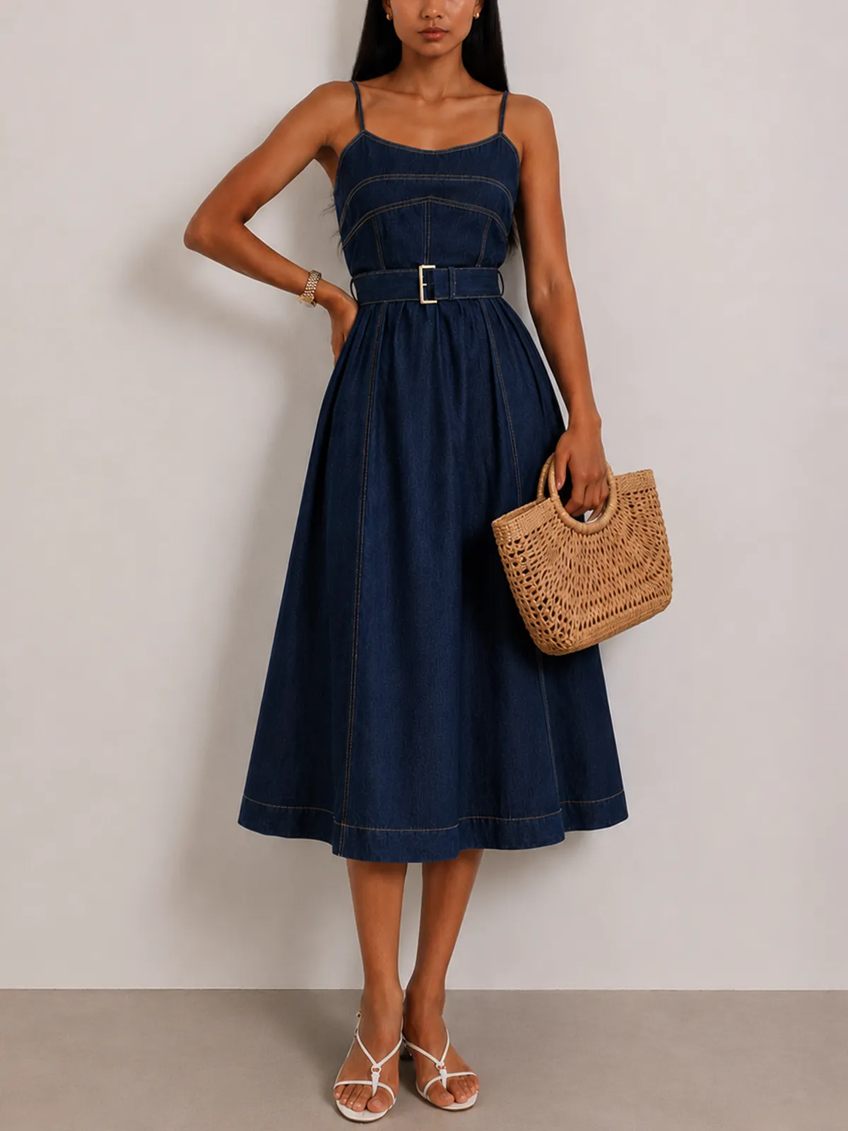 Belted A-Line Denim Cami Midi Dress sold by COMMENSE product image thumbnail 2