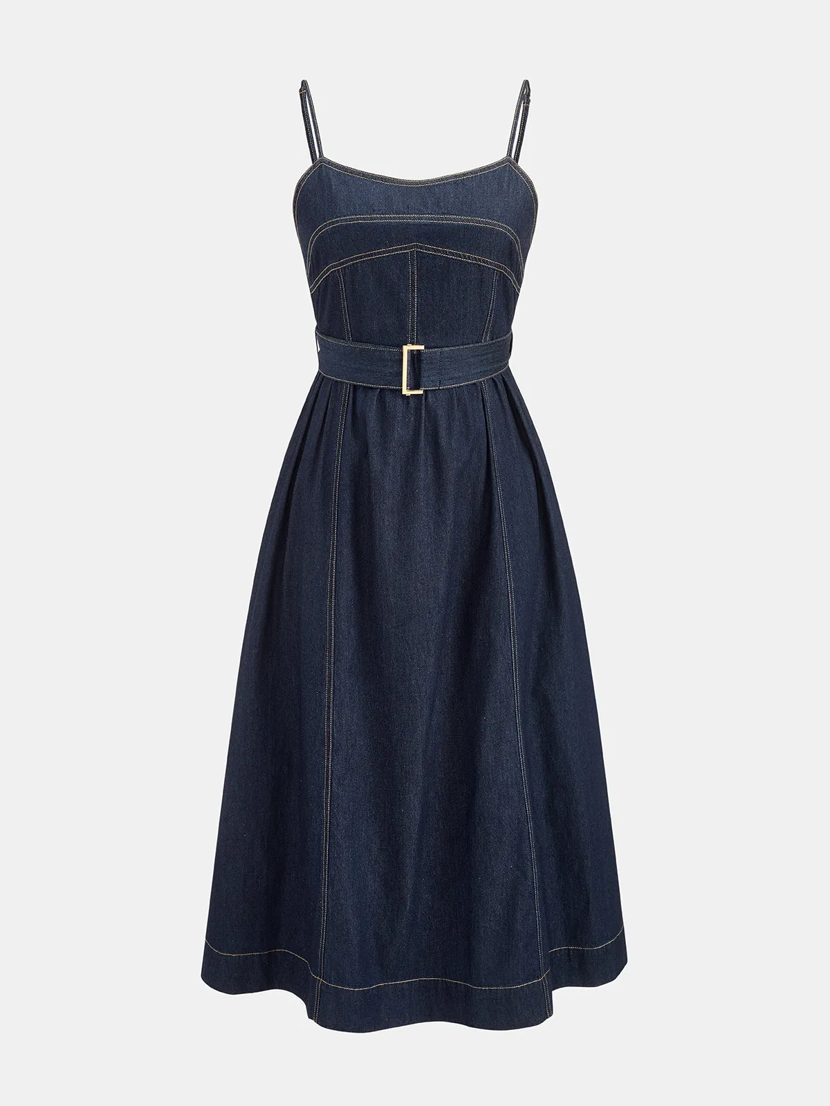 Belted A-Line Denim Cami Midi Dress sold by COMMENSE product image thumbnail 3