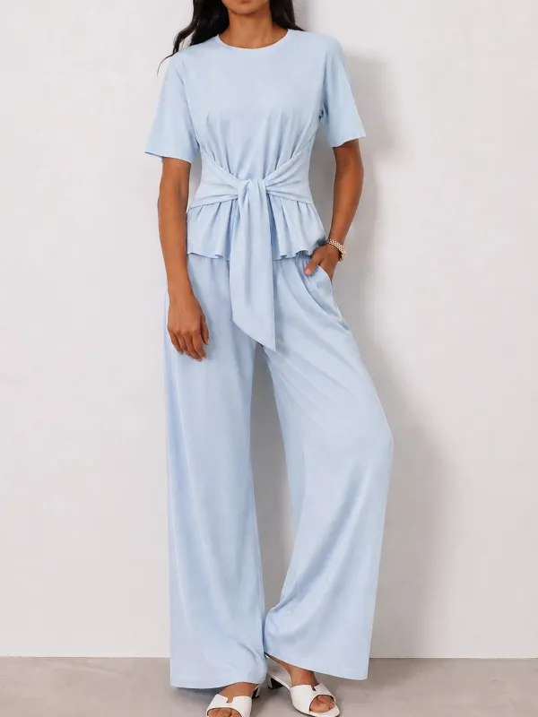 Tie-Waist Cotton Top & Elastic Waist Pants Set made by COMMENSE