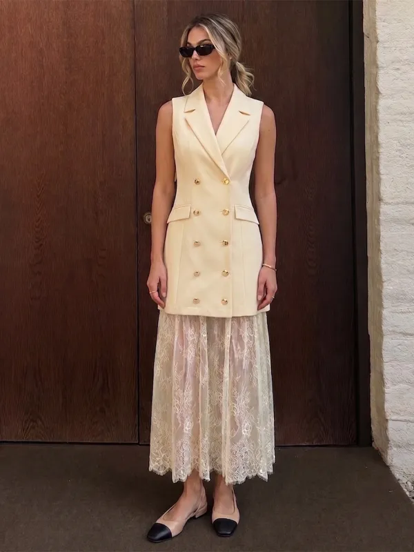 Double Breasted Lapel Lace Patchwork Midi Dress made by COMMENSE