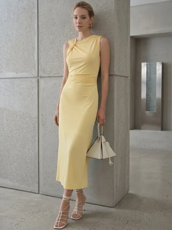 Asymmetric Sleeveless Ruched Waist Maxi Dress made by COMMENSE