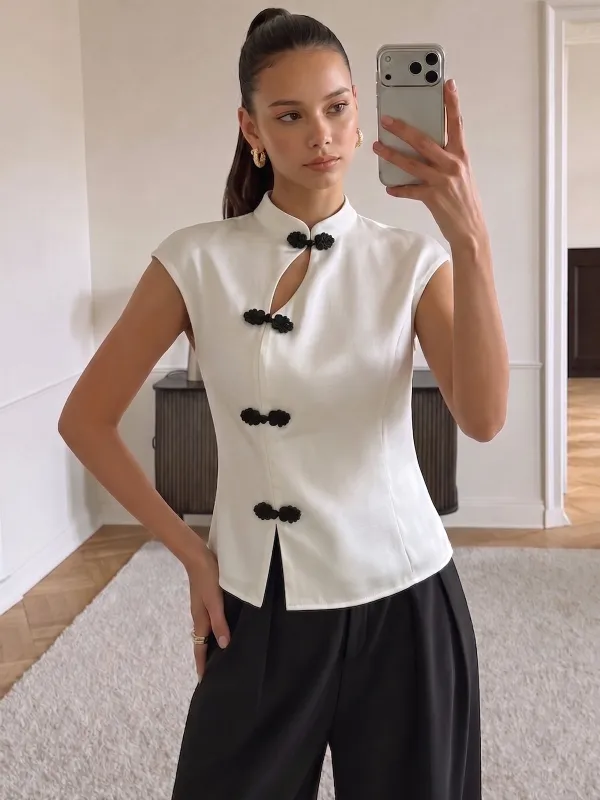Frog Button Mandarin Collar Sleeveless Satin Blouse made by COMMENSE