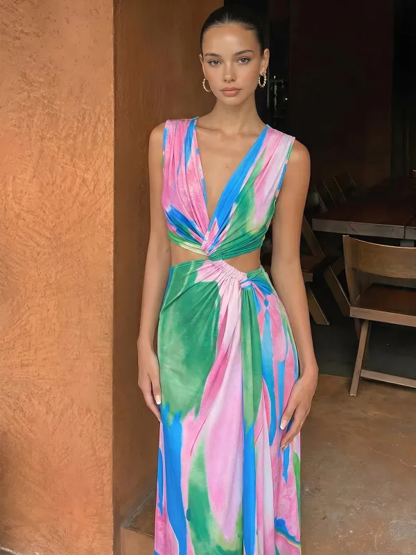 Twist Cutout Sleeveless Tie Dye Maxi Dress made by COMMENSE