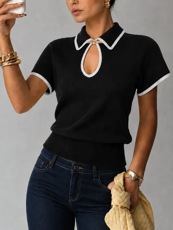 Contrast Piping Keyhole Metal Buckle Knit Top made by COMMENSE