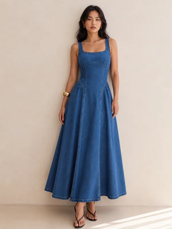 Square Neck Gathered Seam Denim Maxi Dress made by COMMENSE
