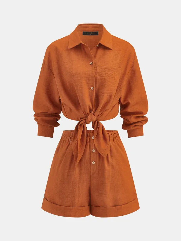 Cotton Linen Loose Shirt & Roll Cuff Shorts Set made by COMMENSE