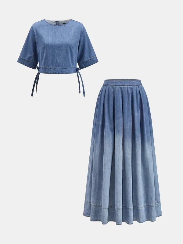 Side Tie Denim Top & Ombre Midi Skirt Set made by COMMENSE