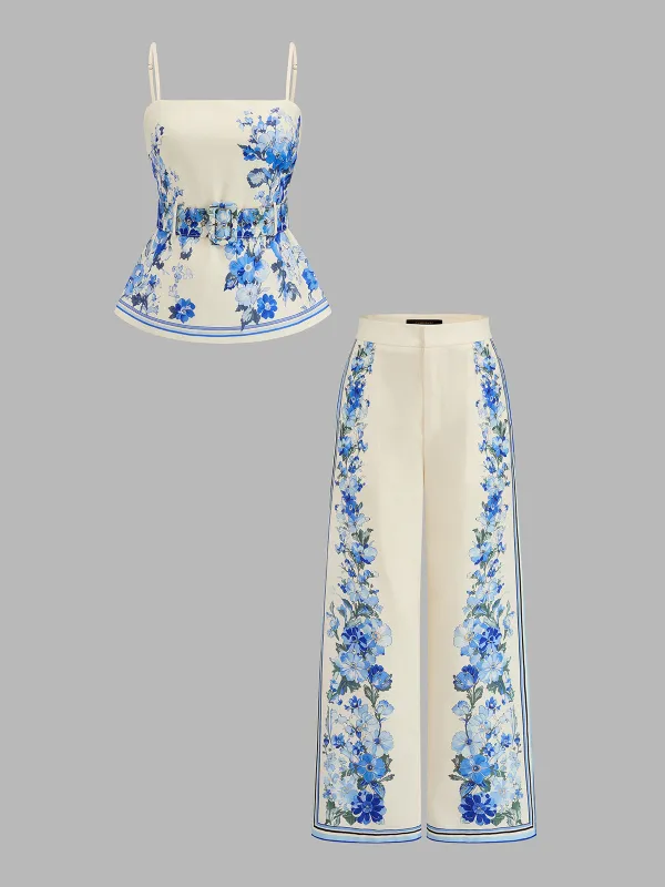 Floral Print Peplum Belted Cami Top & Pants Set made by COMMENSE