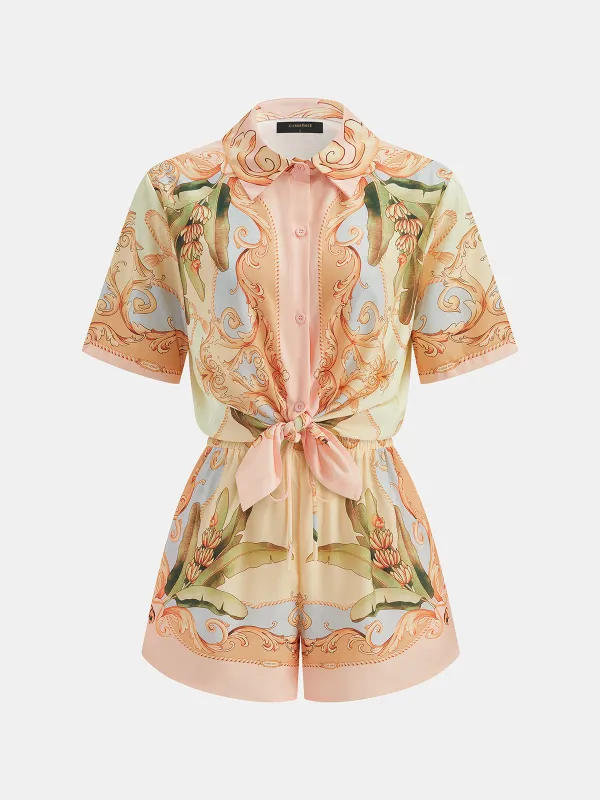 Leaf Print Linen Blend Shirt & Drawstring Shorts Set made by COMMENSE