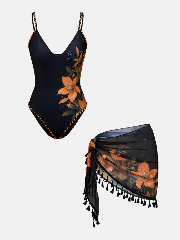 Floral Print One Piece Swimsuit & Tassel Sarong Set made by COMMENSE
