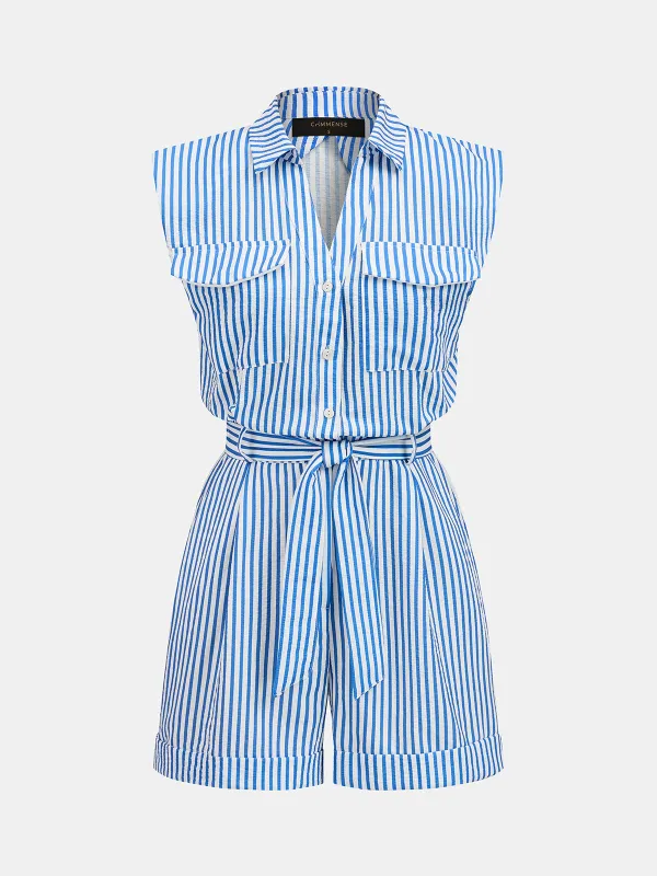 Striped Sleeveless Belted Cotton Shirt Romper made by COMMENSE