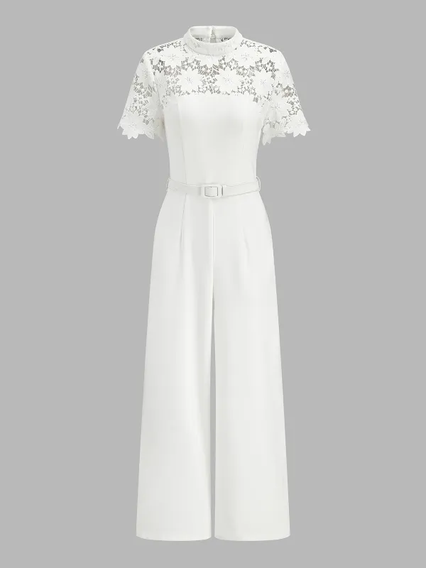 Lace Yoke Short Sleeve Belted Wide Leg Jumpsuit made by COMMENSE