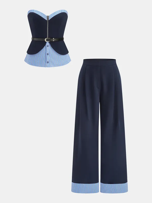 Striped Patchwork Strapless Belted Top & Pants Set made by COMMENSE