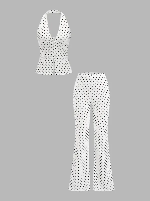 Polka Dot Halter Top & Flare Pants Set made by COMMENSE