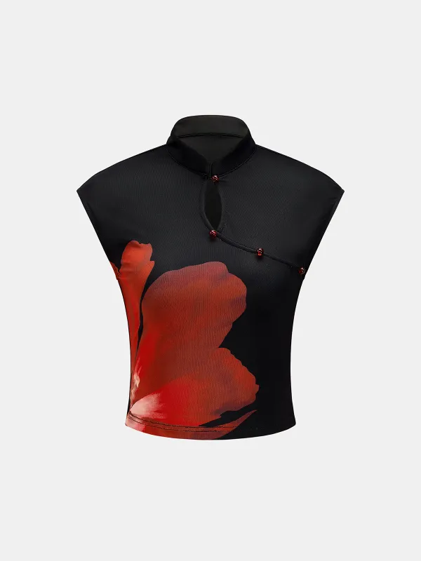 Floral Print Stand Collar Sleeveless Cropped Top made by COMMENSE