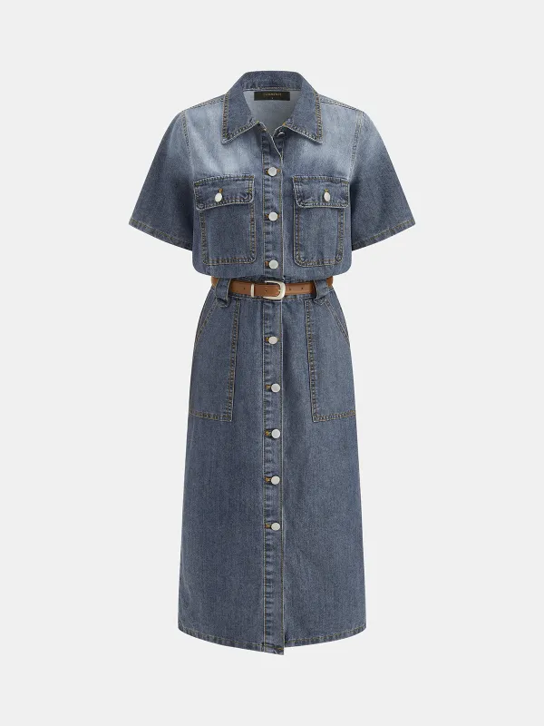 Short Sleeve Belted Denim Shirt Midi Dress made by COMMENSE