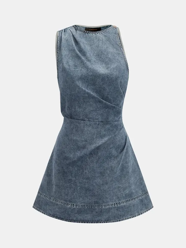 Ruched Sleeveless Asymmetric Denim Mini Dress made by COMMENSE