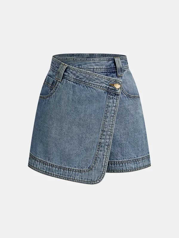 Wrap Front Asymmetrical Denim Skort made by COMMENSE