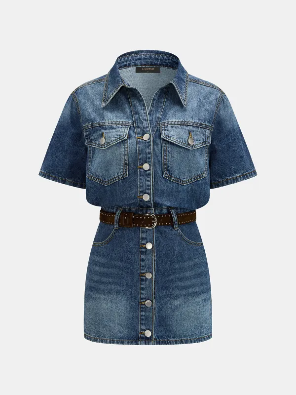 Belted Short Sleeve Button Down Denim Mini Dress made by COMMENSE