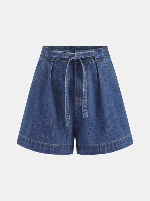Tie Waist Pleated Denim Shorts made by COMMENSE