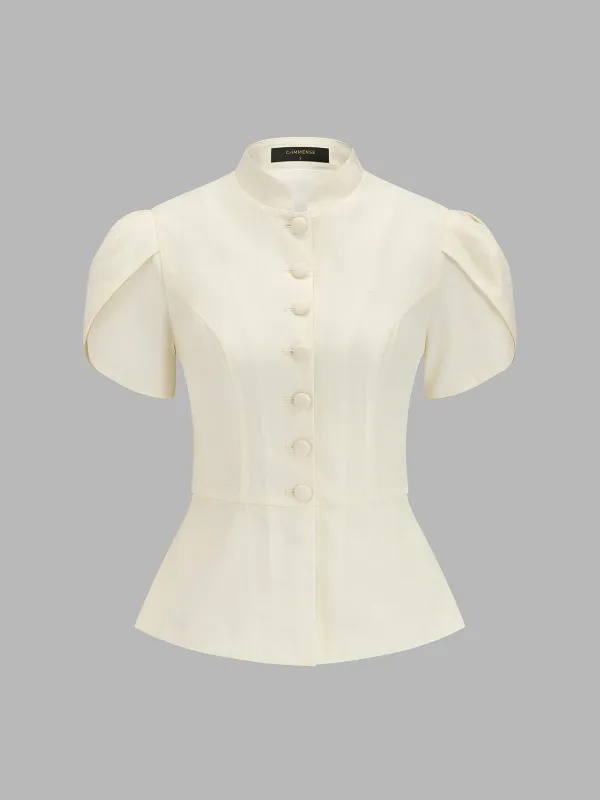 Mandarin Collar Puff Sleeve Peplum Blouse made by COMMENSE