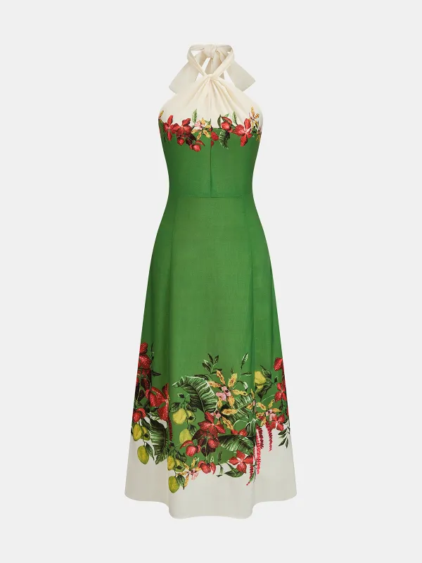 Tie Halter Fruit Floral Print Midi Dress made by COMMENSE