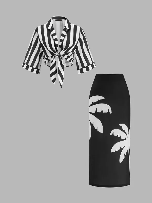 Striped Knotted Blouse & Palm Print Skirt Set made by COMMENSE