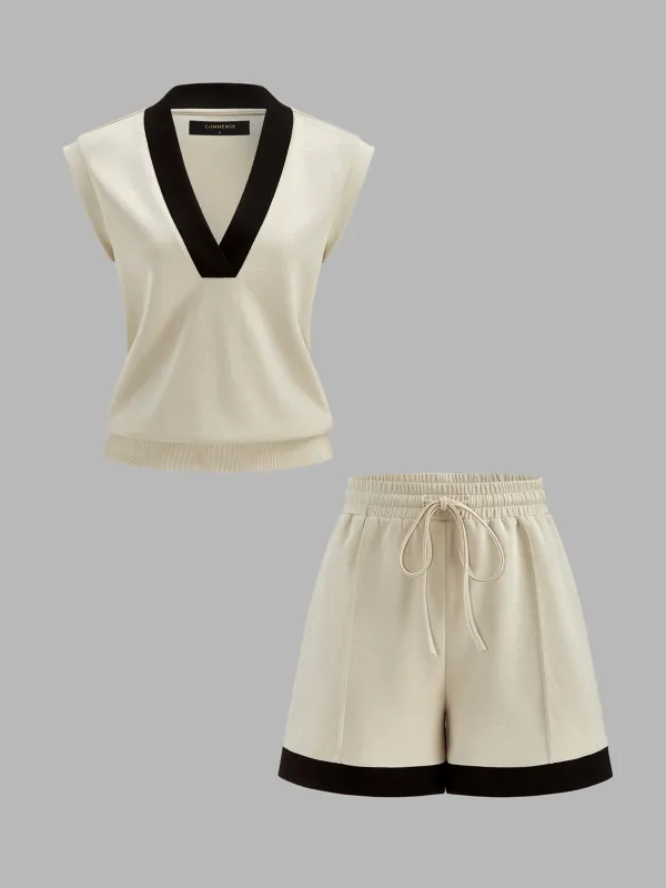 Contrast Trim V-Neck Top & Drawstring Shorts Set made by COMMENSE