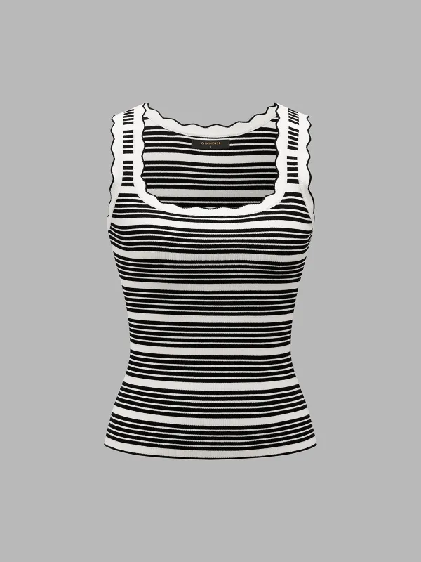 Wavy Trim Striped Ribbed Knit Tank Top made by COMMENSE