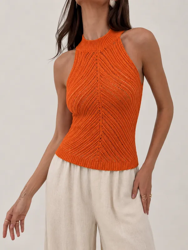 Openwork Knit Halter Neck Top made by COMMENSE