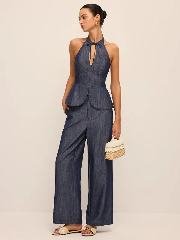 Tie-Neck Halter Top & Wide Leg Pants Set made by COMMENSE