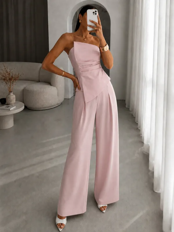 Asymmetric Ruched Strapless Top & Pants Set made by COMMENSE
