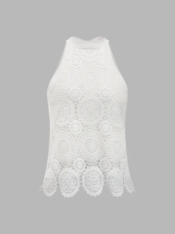 Bow-Back Guipure Lace Sleeveless Top made by COMMENSE