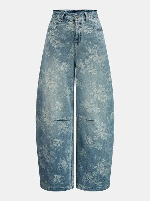 Floral Jacquard Barrel Leg Jeans made by COMMENSE