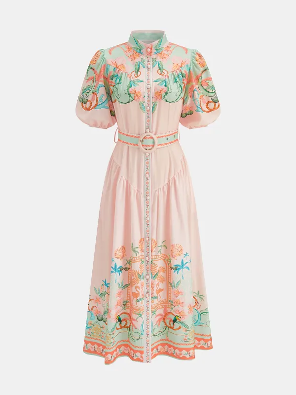 Puff Sleeve Belted Floral Shirt Dress made by COMMENSE