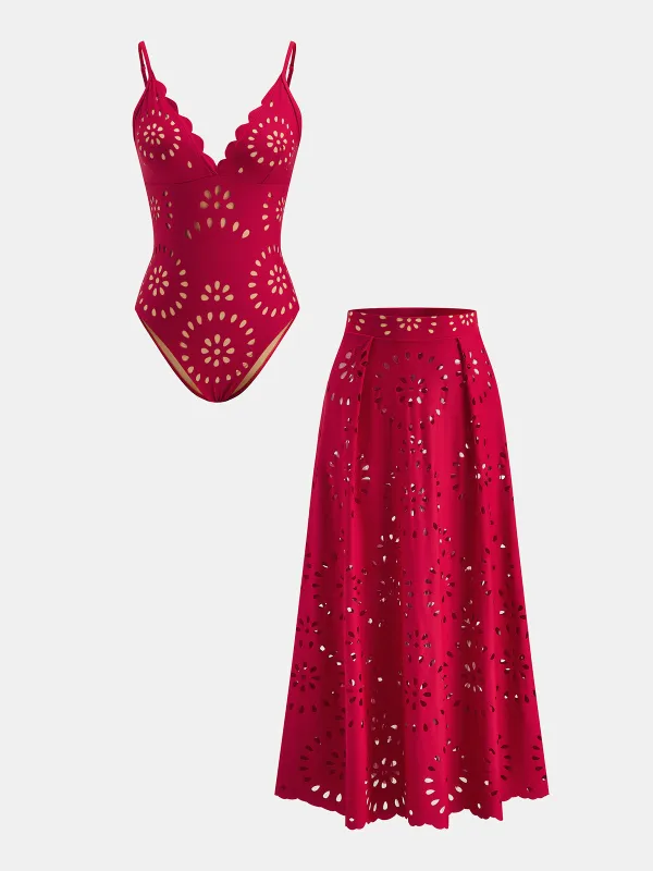 Laser-Cut One-Piece Swimwear & Skirt Set made by COMMENSE