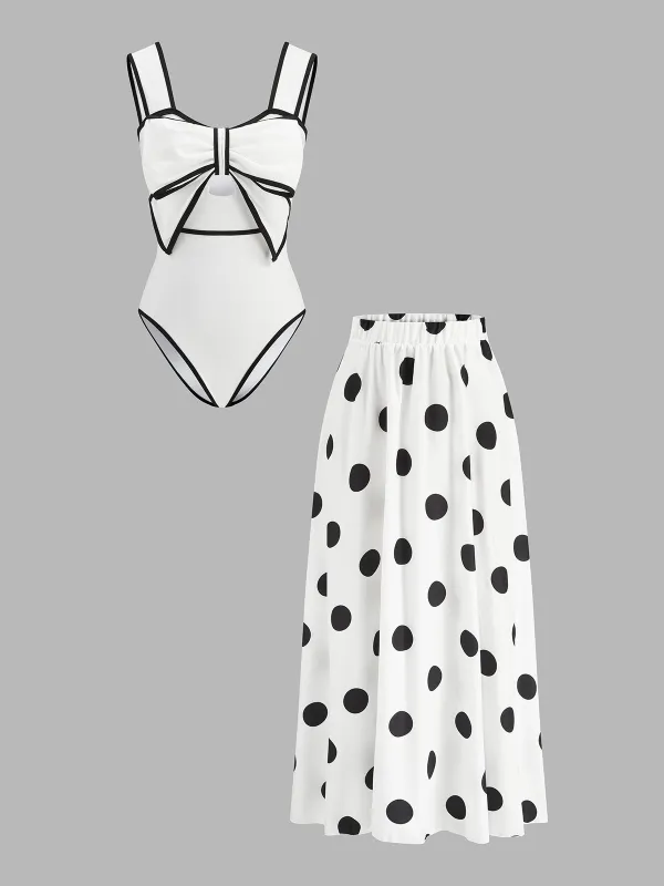 Bow Detail One Piece Swimsuit & Polka Dot Skirt Set made by COMMENSE