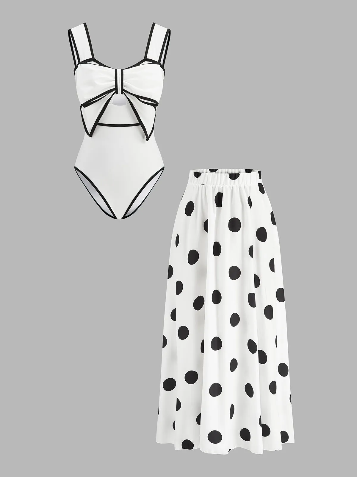 Bow Detail One Piece Swimsuit & Polka Dot Skirt Set sold by COMMENSE