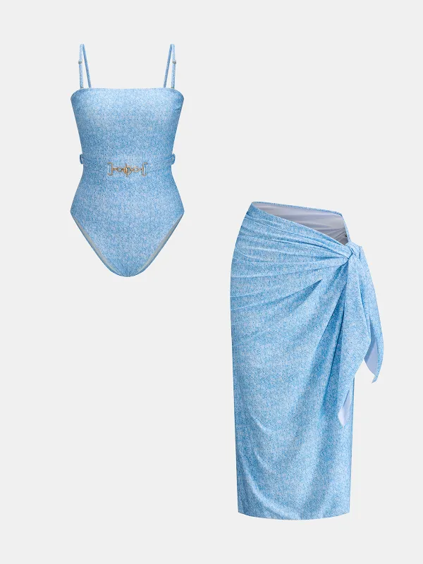 Belted One Piece Swimsuit & Sarong Set made by COMMENSE