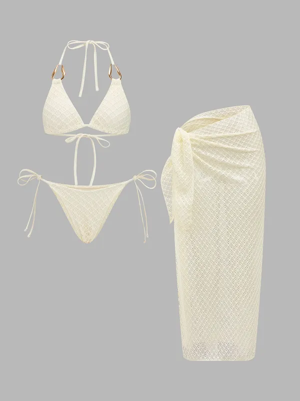 Hollow Crochet Knit Bikini & Sarong 3Pcs Swim Set made by COMMENSE