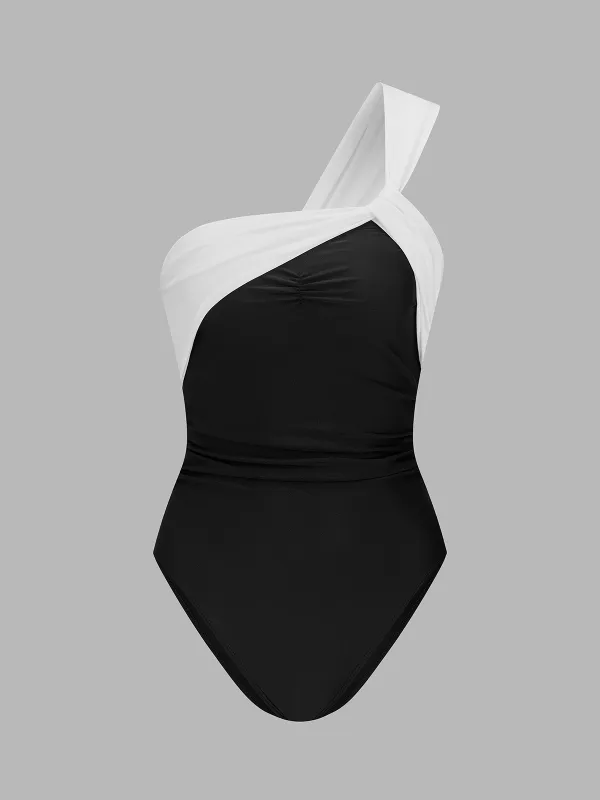 Color Block One Shoulder One Piece Swimsuit made by COMMENSE
