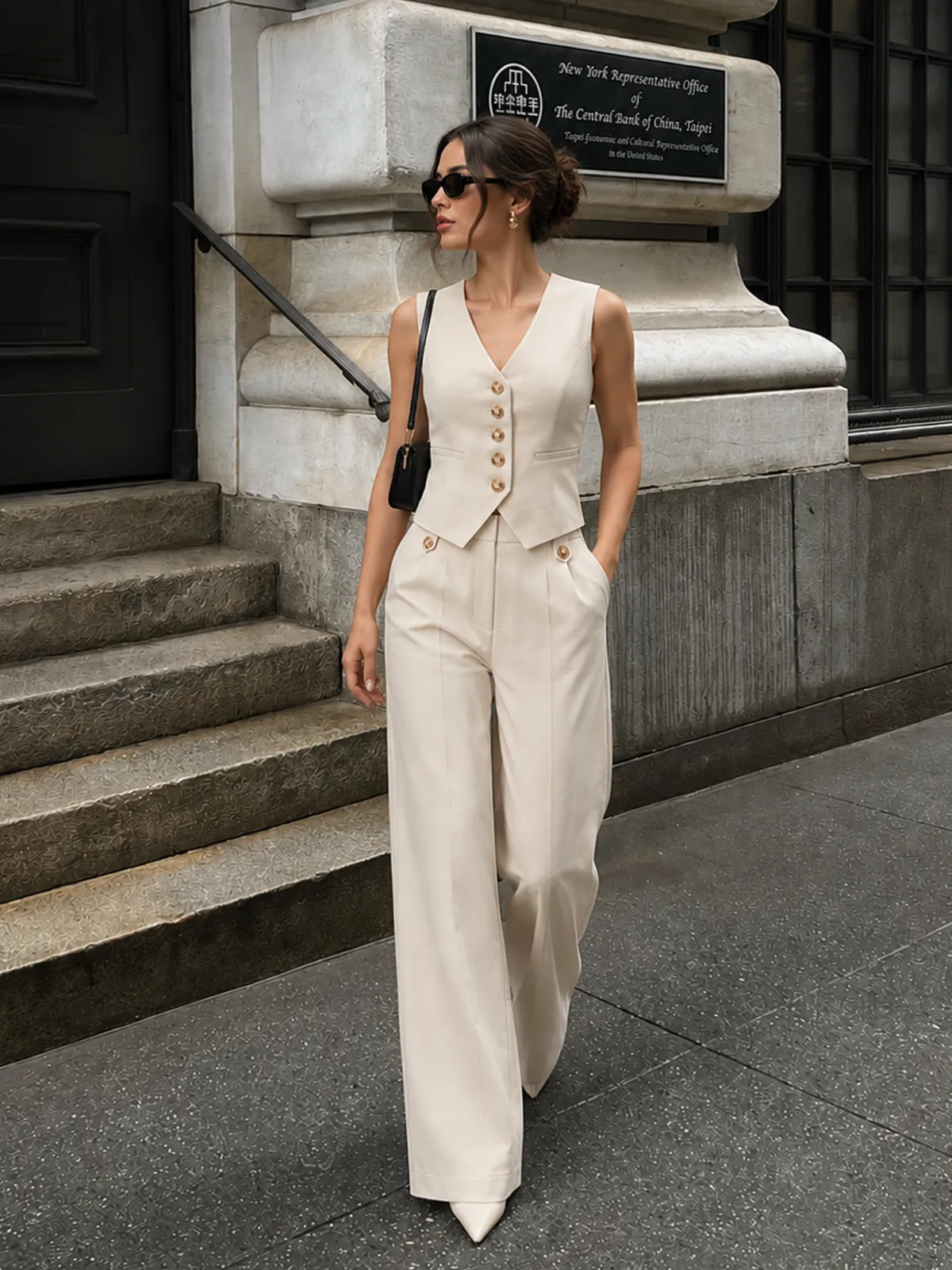 V-Neck Button Vest & Wide Leg Pants Set sold by COMMENSE