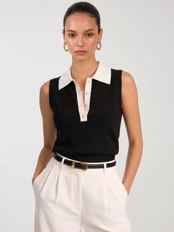Color Block Sleeveless Polo Knit Top made by COMMENSE