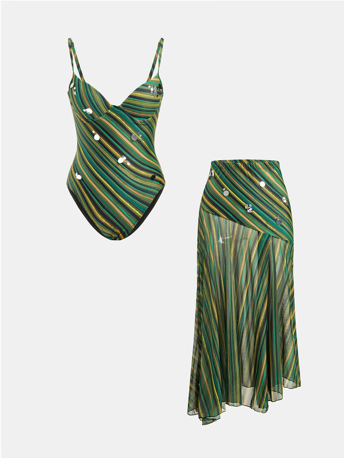 Striped Sequin One-Piece Swimsuit & Skirt Set sold by COMMENSE
