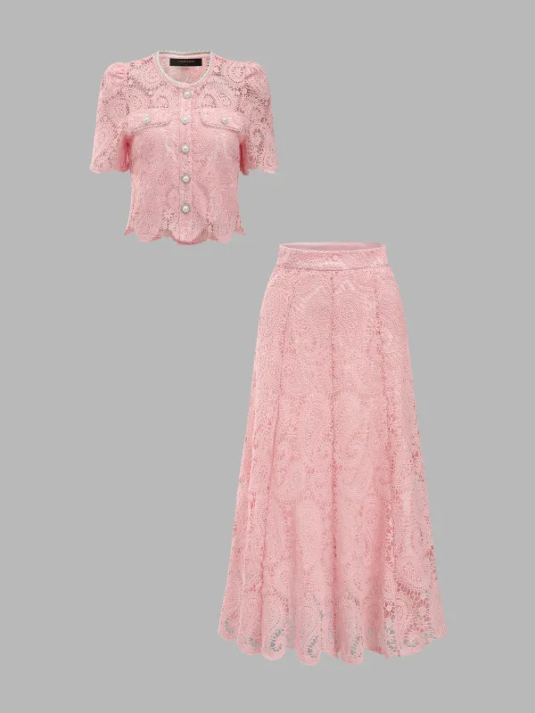 Pearl Button Guipure Lace Top & Midi Skirt Set made by COMMENSE