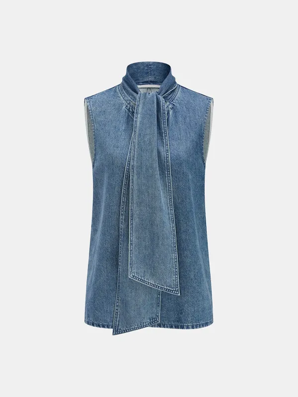 Tie Neck Sleeveless Denim Blouse made by COMMENSE
